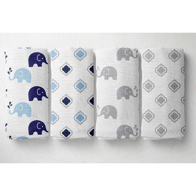 Bacati - Elephants Blue/Gray Muslin Swaddling Blankets set of 4