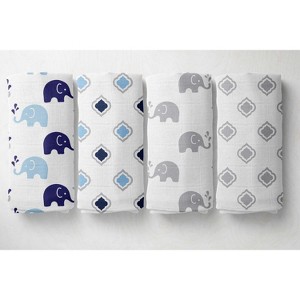 Bacati - Elephants Blue/Gray Muslin Swaddling Blankets set of 4 - 1 of 4