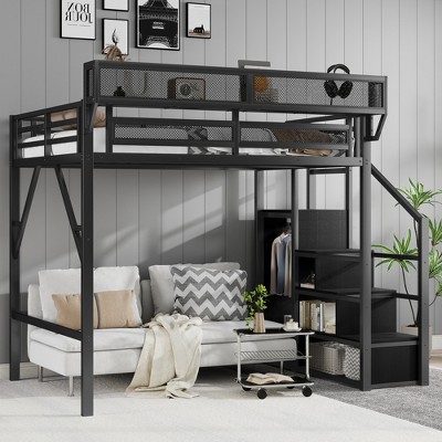 KWPZQEB Loft Bed with Storage Stairs, Heavy Duty Metal Loft Bed Frame with Built-in Storage Shelves & Wardrobe for Teens, Easy Assembly