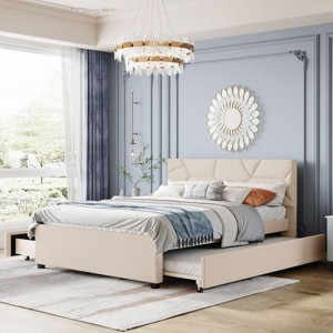 Streamdale Queen Size Upholstered Platform Bed With Brick Pattern Headboard, With Twin XL Size Trundle - 1 of 4