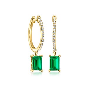 Pure Collection by Ross-Simons 0.90 ct. t.w. Lab-Grown Emerald and .15 ct. t.w. Lab-Grown Diamond Hoop Drop Earrings in 18kt Gold Vermeil - 1 of 4