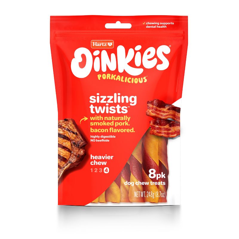 Hartz Oinkies Bacon Wrapped Pork Skin Twist Jerky Chews Dog Treats - 8ct, 1 of 8