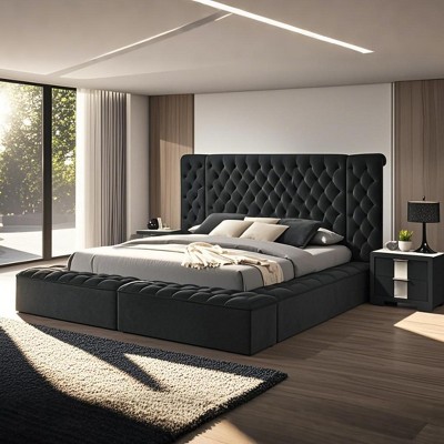 GDFStudio Mildred Tufted Upholstered Queen Bed Built-In Storage Bench Seating