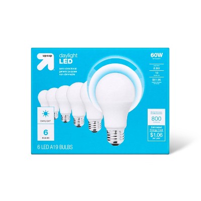 LED 60W 6pk Daylight CA Light Bulbs - up&up™: 800 Lumens, 5000K, A19, E26 Base, 10-Year Life, 8.8W, 1-Way, No Mercury