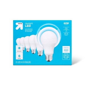 LED 60W 6pk Daylight CA Light Bulbs - up&up™: 800 Lumens, 5000K, A19, E26 Base, 10-Year Life, 8.8W, 1-Way, No Mercury - 1 of 3