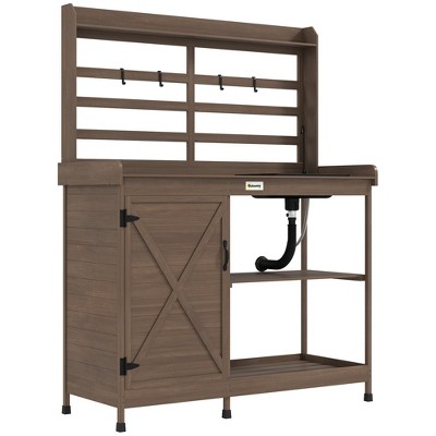 Outsunny Wooden Potting Bench, Outdoor Potting Table with Storage Cabinet, Storage Shelves, Sink, Water Tap for Backyard, Patio, Balcony