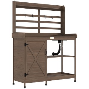 Outsunny Wooden Potting Bench, Outdoor Potting Table with Storage Cabinet, Storage Shelves, Sink, Water Tap for Backyard, Patio, Balcony - 1 of 4