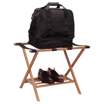 Bamboo and Black Strap Luggage Rack with Lower Shelf