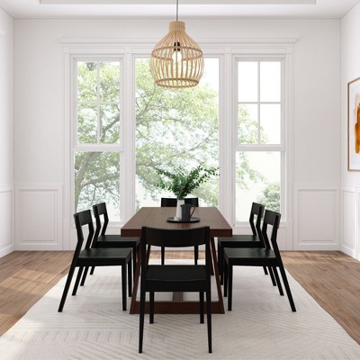 Walnut Wirebrush Solid Wood Dining Table Set with 6 Black Chairs