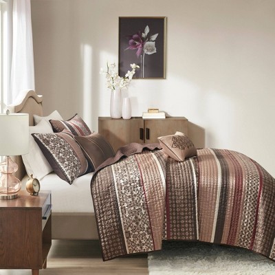 King Red Cotton Reversible Jacquard Quilt Set