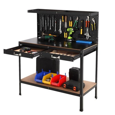 Workbench, Tools Cabinet Working Tables Workbench Tool Storage Workshop Table with Drawers and Pegboard, 420lbs Weight Capacity