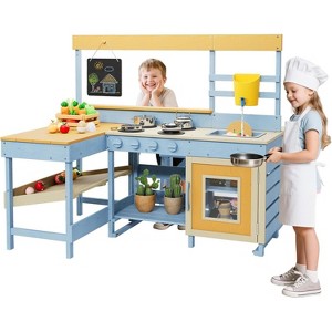Outdoor Wooden Play Kitchen with Picnic Table and Bench Sink & Faucet Chalkboard Storage Shelves£¦Pretend Stove Mud Kitchen Children Outdoor Playset - 1 of 4