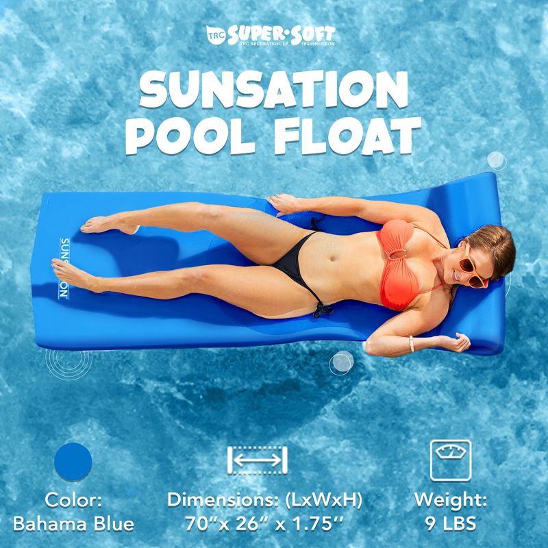 TRC Recreation Sunsation 1.75” Thick Vinyl Coated Foam Swimming Pool Float Mat Adult Lounger with Built-In Roll Pillow, Bahama Blue, 2 of 7