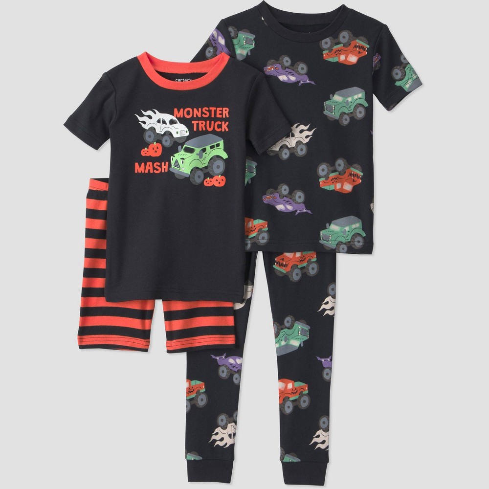 Carter's Just One You® Toddler Boys' 4pc Short Sleeve Monster Trucks Cotton Halloween Pajama Set - Black/Orange 4T