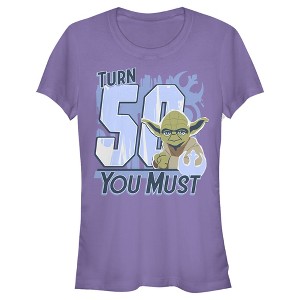 Juniors Womens Star Wars Yoda Turn 50 You Must Rebel Logo Portrait T-Shirt - 1 of 3