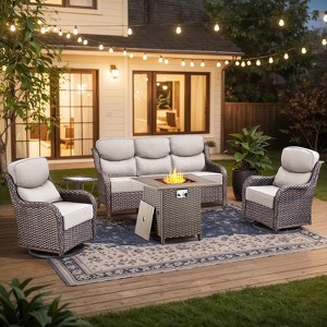 Buenhomino 5Pcs Patio Furniture Set with Fire Pit - Wicker Patio Conversation Set with Swivel Glider, Wicker Sofa, Tempered Side Table,6-inch Cushion - 1 of 4