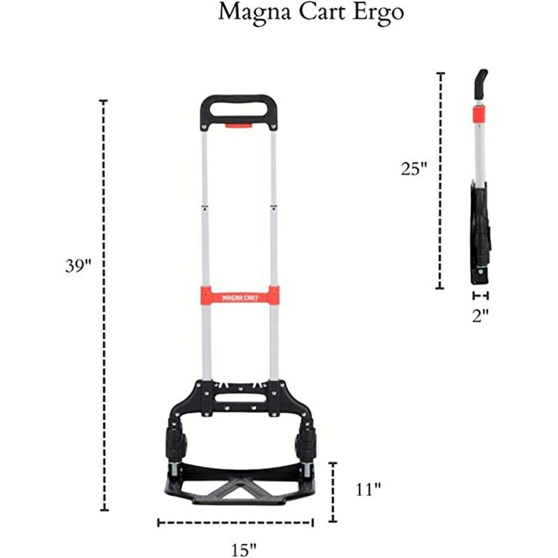 Magna Cart Slim Aluminum Folding Hand Truck Dolly Cart with 150 Pound Capacity, Extendable Ergonomic Handle, & Retractable Rubber Wheels, Black/Red, 3 of 7