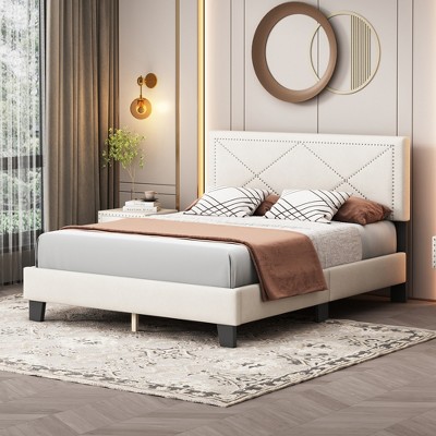 Queen Size Velvet Upholstered Bed Frame with Rivet Design and Headboard, 4Q-ModernLuxe