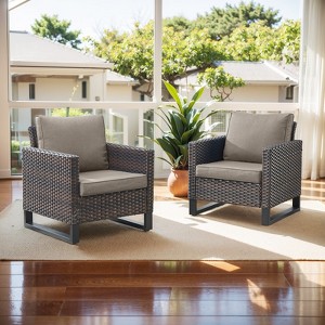 POCASSY Outdoor Wicker Armrest Chairs Set of 2, Brown Wicker Rattan Patio Chairs with Square Armrest and Metal Leg, Patio Furniture Chairs for Porch - 1 of 4