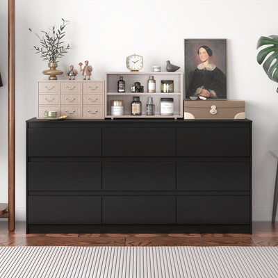 FUFU&GAGA Modern Horizontal Dresser High Gloss 9 Drawer Wooden Chest of Drawers Bedroom