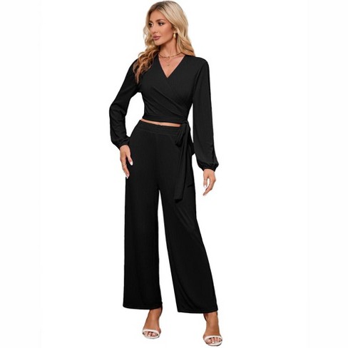 Women s Long Sleeve V Neck Wrap Tie Knot Crop Top and Wide Leg Pants Set