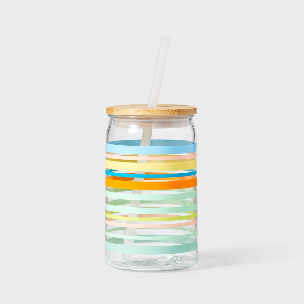 Photos - Glass 16oz Striped Bottle with Bamboo Lid - Sun Squad™