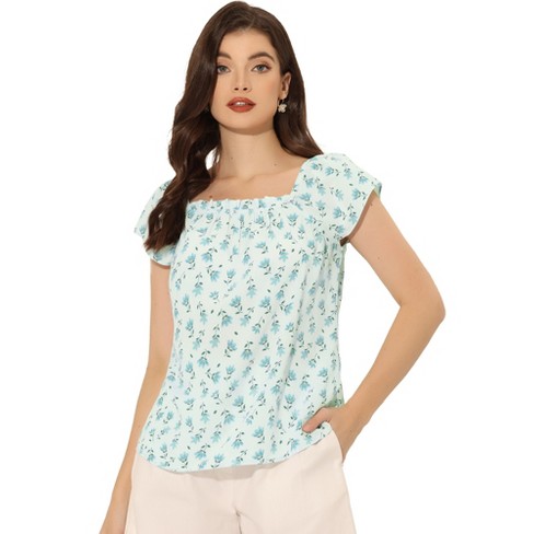 Allegra K Women's Square Neck Casual Cap Sleeve Floral Print Peasant Tops  Blue Medium