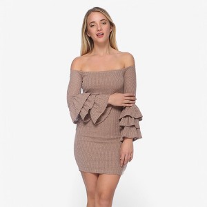 Anna-Kaci Women's Off-Shoulder Bodycon Dress with Tiered Ruffle Long Sleeves - 1 of 4