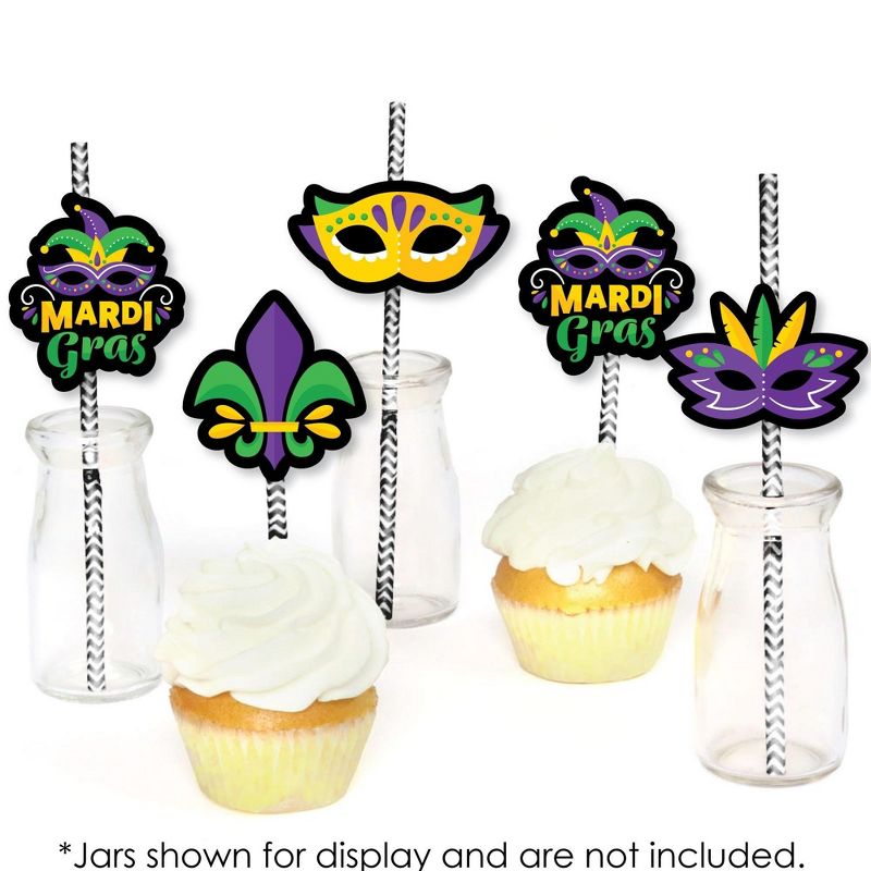 Big Dot of Happiness Colorful Mardi Gras Mask - Paper Straw Decor - Masquerade Party Striped Decorative Straws - Set of 24, 5 of 9