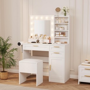 TROPOW Vanity Desk with Mirror and Lights, Makeup Vanity Set with Drawers & Cabinet & Chair, 3 Light Mode and Brightness Adjusted - 1 of 4