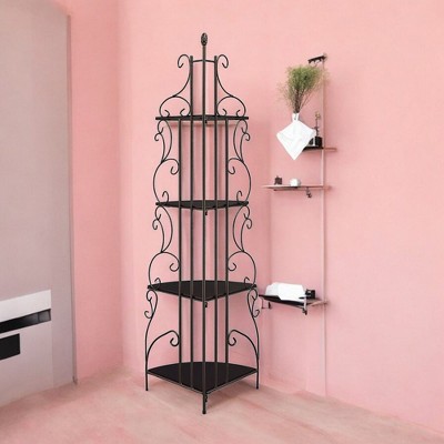 Alilang 23.25 Inch Decorative Corner Shelf with Scrollwork Design and Four-Tier Storage-Cappuccino