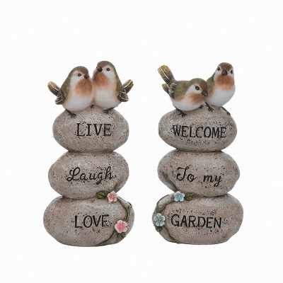 Transpac Set of 2 Multicolored Resin Bird Figurines on Rocks Decorative Objects for Tabletop Accents