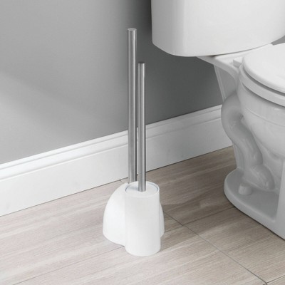 White Plastic Toilet Brush and Plunger Set with Stainless Steel Handles