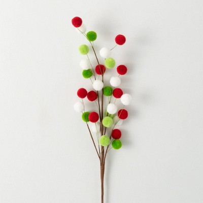 32"H Sullivans Artificial Christmas Red Green White Pom Pom Spray, Multicolor, Indoor Christmas Decor