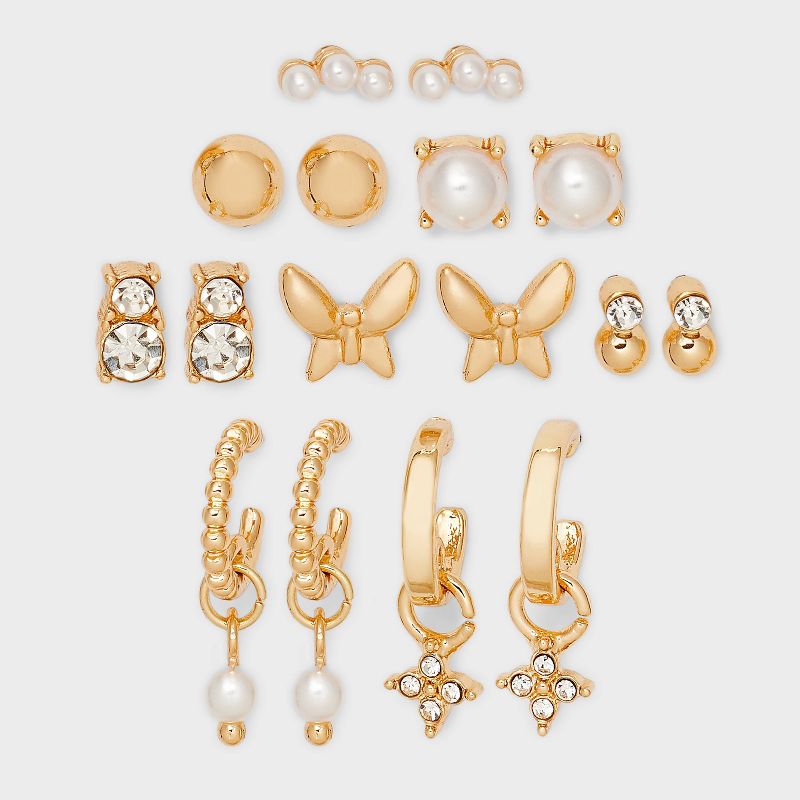 Pearl Stud Hoop Butterfly Flower Earring Set 8pc - A New Day&#8482; Gold, 1 of 3