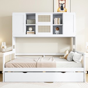 Full Size Wooden Daybed with Twin Size Trundle, All-in-One Cabinet and Shelf - 1 of 4