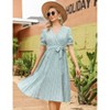 Women's Puff Sleeve Wrap V-Neck Dress Pleated Midi Dress with Tie Belt - 3 of 4