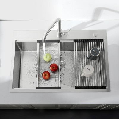 DOMETOUR Stainless Steel Kitchen Sink, 33″x22″ Single Bowl, Overmount Handmade Sink in Brushed, with Cutting Board, Colander, Grid, LS-SSBR01
