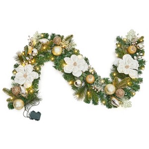 6 ft Christmas Garland with Lights, Prelit Christmas Garland for Mantle with 20 LED Lights Timer Gold Balls Magnolia Flower - 1 of 4