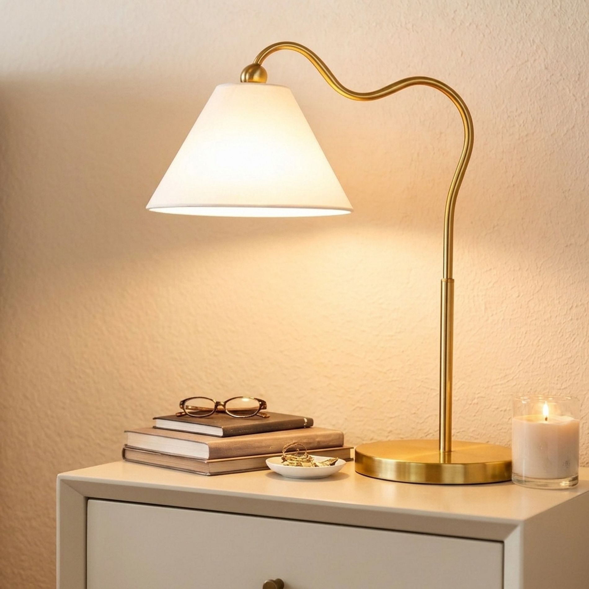 Brass Table Lamp for Bedroom&Living room with Fabric Shade, Curved Metal Base Bedside Lamp for Nightstand, Dorm&Apartment Essentials