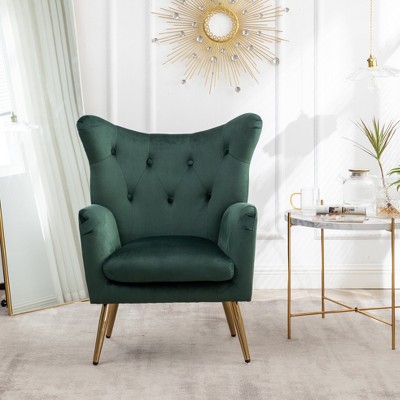 Green Velvet Button-Tufted Wing Back Accent Chair with Wood Legs