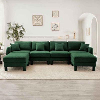 U-Shape Sectional Sofa with 2 Ottomans, 4-Seater Sofa with Armrests and Cylindrical Legs, Boucle Fabric Couch with Cushion-Coolbibila