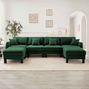 U-Shape Sectional Sofa with 2 Ottomans, 4-Seater Sofa with Armrests and Cylindrical Legs, Boucle Fabric Couch with Cushion-Coolbibila - 1 of 4
