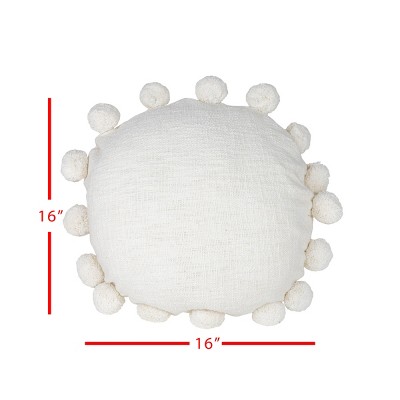 White Cotton Round Pillow with Pom Poms 16x16