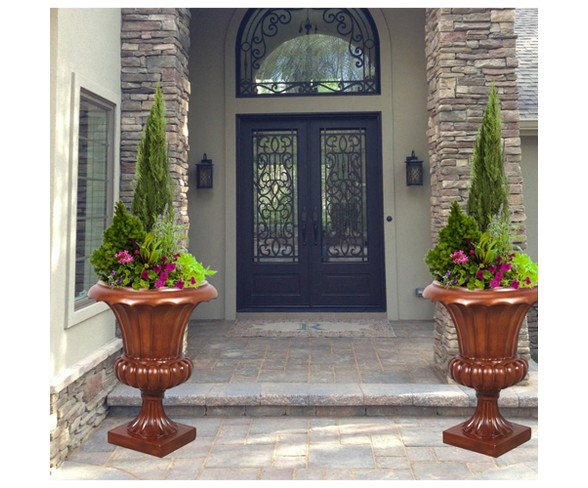 23" Wood Corinthian Tuscany Urn Planter Brown - Gardenised