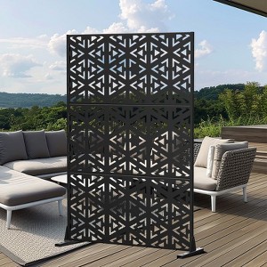 Pexfix 72" x 47" Metal Privacy Screen Freestanding Outdoor Divider Panel For Patio Deck Balcony Heavy Duty Base Weatherproof Black Triangular Cutouts - 1 of 4