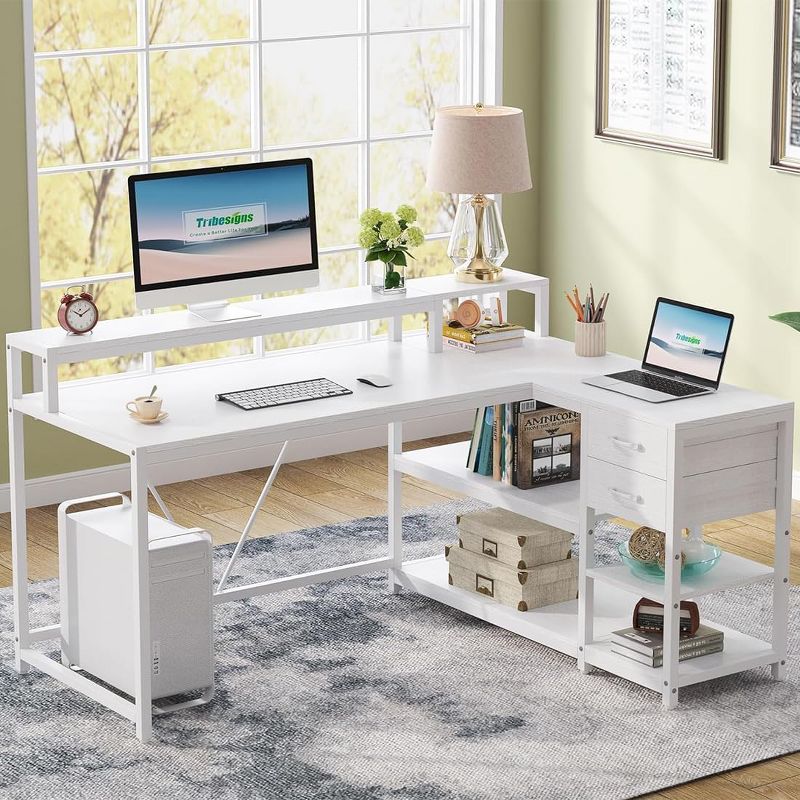 Tribesigns Reversible L-shaped Computer Desk with Drawer, Corner Desk Table with Storage Shelves and Monitor Stand for Home Office, 2 of 10