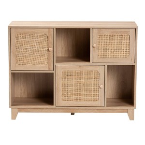 Elsbeth Wood and Natural Rattan 3 Door Sideboard Light Brown/Natural Brown - Baxton Studio: Mid-Century Design, Kitchen Storage - 1 of 4