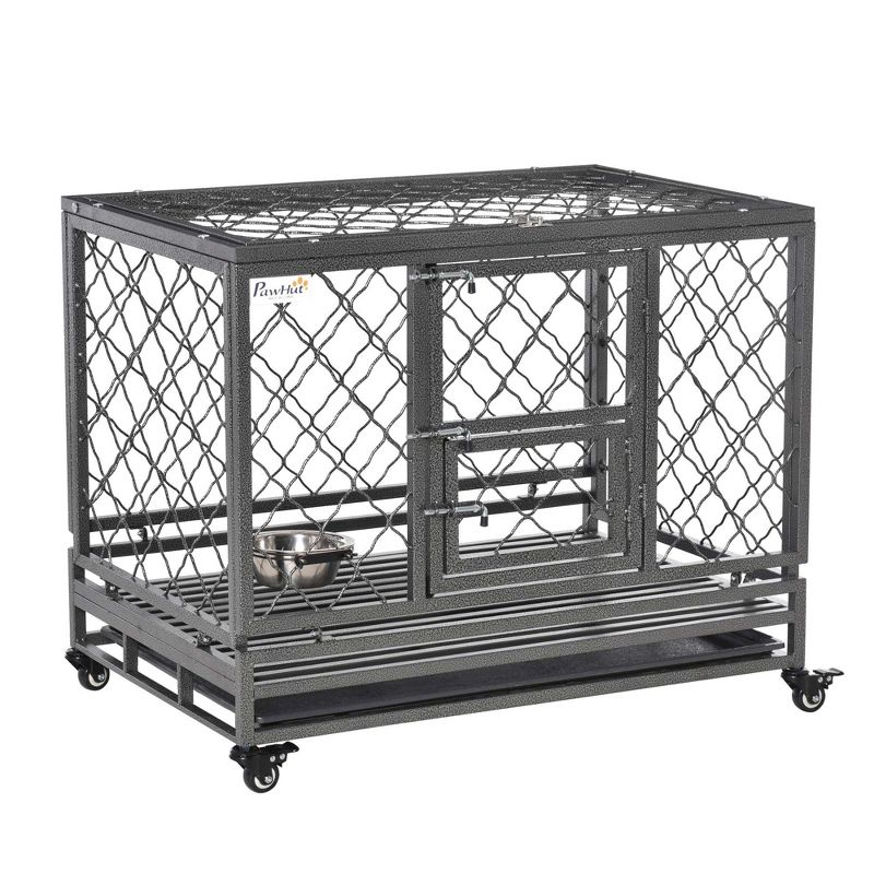 PawHut 36.5" Heavy Duty Dog Crate Metal Kennel and Cage Dog Playpen with Lockable Wheels, Slide-out Tray, Food Bowl and Double Doors, 1 of 8