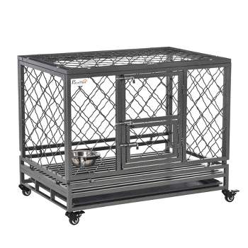 PawHut 36.5" Heavy Duty Dog Crate Metal Kennel and Cage Dog Playpen with Lockable Wheels, Slide-out Tray, Food Bowl and Double Doors